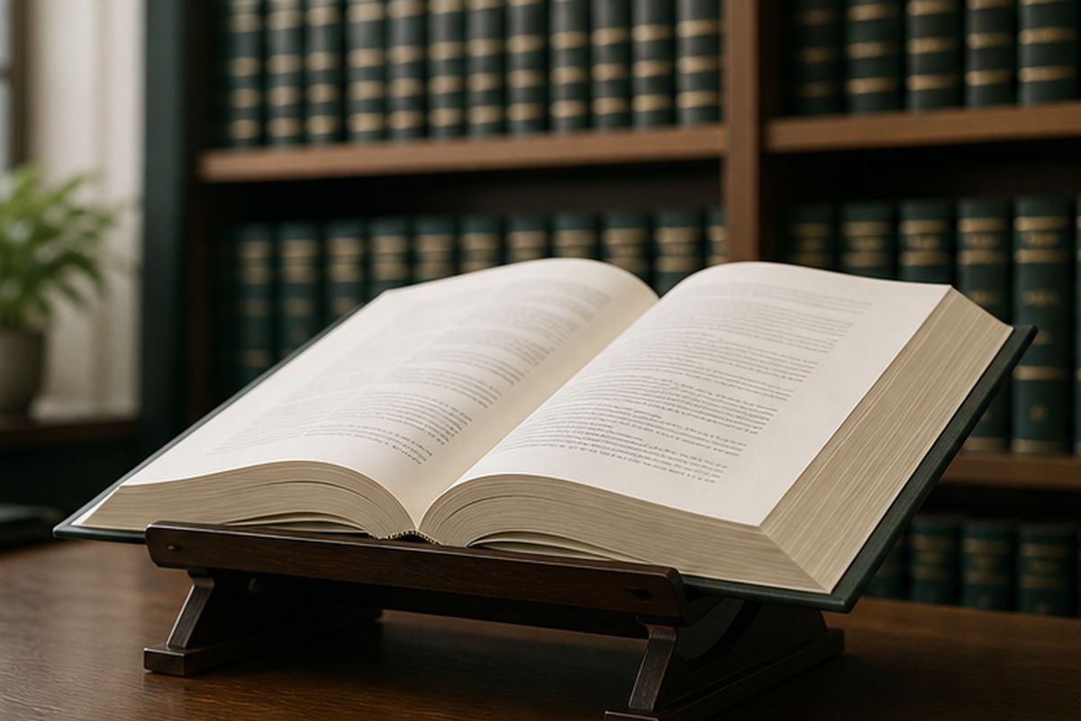 Otwarty gruby zbiór przepisów na stojaku w cichej biurowej bibliotece